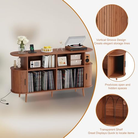 LMSXG-MZ 55.1" Fluted Record Player Stand with USB & App Control LED Lights, Mid-Century Modern Vinyl Storage Cabinet, Holds 300+ Records, Turntable Stand for Living Room(Walnut, 55.1") LMSXG-MZ