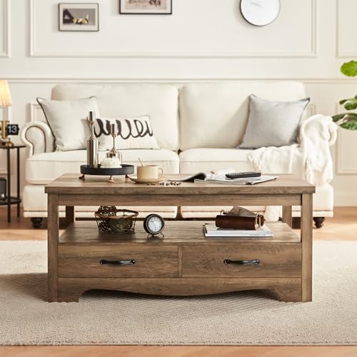 LINSY HOME Farmhouse Coffee Table with Storage, Wood Coffee Table for Living Room, Open Display Area and Storage Drawers with Metal Handles, Chic Style with Curved Base. Brown LINSY HOME