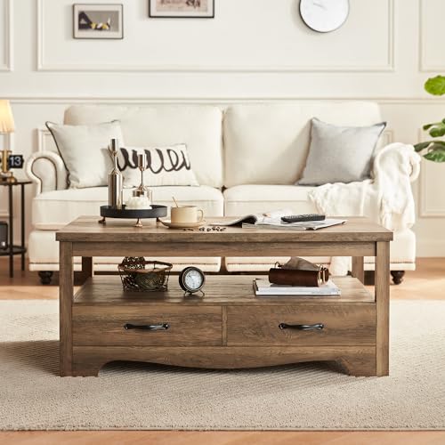 LINSY HOME Farmhouse Coffee Table with Storage, Wood Coffee Table for Living Room, Open Display Area and Storage Drawers with Metal Handles, Chic Style with Curved Base. Brown - WoodArtSupply