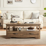 LINSY HOME Farmhouse Coffee Table with Storage, Wood Coffee Table for Living Room, Open Display Area and Storage Drawers with Metal Handles, Chic Style with Curved Base. Brown LINSY HOME
