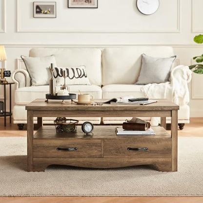 LINSY HOME Farmhouse Coffee Table with Storage, Wood Coffee Table for Living Room, Open Display Area and Storage Drawers with Metal Handles, Chic Style with Curved Base. Brown - WoodArtSupply