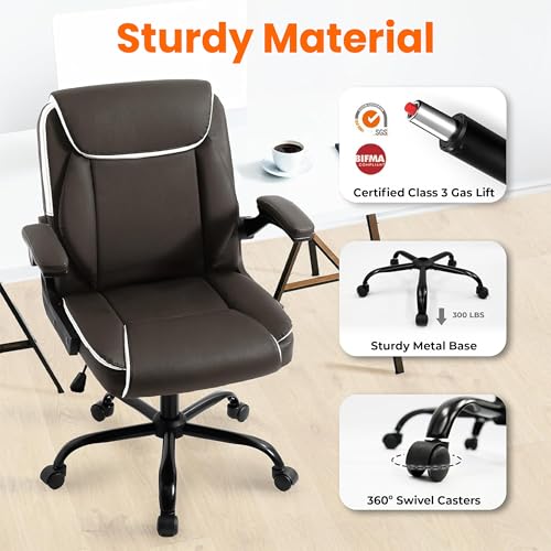 NEO CHAIR Office Desk Computer Chair Ergonomic Executive Mid-Back Leather Gaming Chair with Adjustable Flip-Up Armrests Wheels Swivel for Home Study Task (Brown) NEO CHAIR