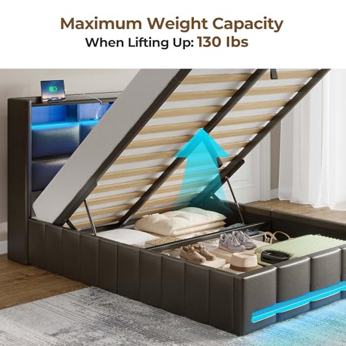 Rolanstar Bed Frame Twin Size with Lift Up Storage, Charging Station & LED Lights, Upholstered Storage Headboard, Heavy Duty Wooden Slats, No Box Spring Needed, Noise Free, Easy Assembly, Black Rolanstar