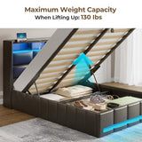 Rolanstar Bed Frame Twin Size with Lift Up Storage, Charging Station & LED Lights, Upholstered Storage Headboard, Heavy Duty Wooden Slats, No Box Spring Needed, Noise Free, Easy Assembly, Black Rolanstar