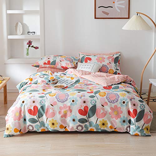 Floral Duvet Cover Twin, 100% Cotton 3 pcs Twin Flower Bedding Set, Garden Reversible Duvet Cover, with Zipper Closure, Breathable (No Comforter) CottonLife