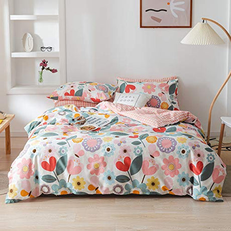 Floral Duvet Cover Twin, 100% Cotton 3 pcs Twin Flower Bedding Set, Garden Reversible Duvet Cover, with Zipper Closure, Breathable (No Comforter) CottonLife