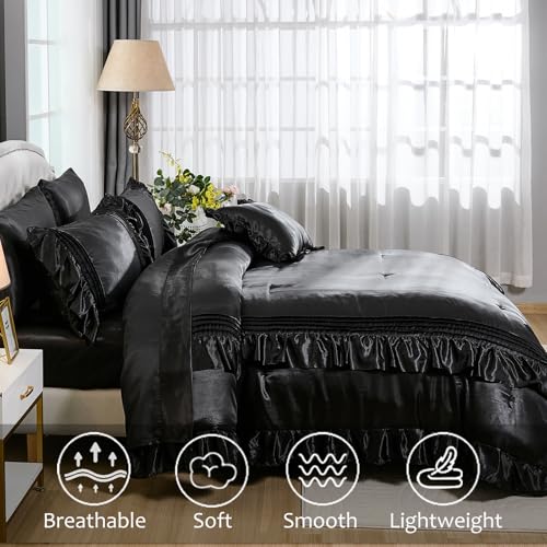 Black Satin Comforter Set 8 Pieces King Size Comforter with Sheets Silk Like Satin Bed Set Luxury Bedding Bed in a Bag 1 Comforter 4 Pillowcasas 1 Flat Sheet 1 Fitted Sheet 1 Cushion Cover Bedbay