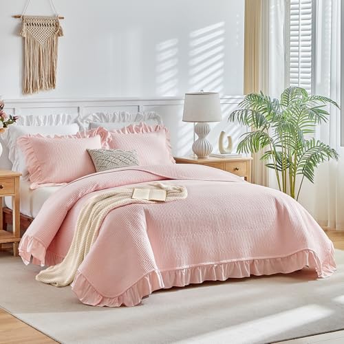 Flysheep Pink Ruffle Quilt Set Twin Size, 2 Pieces Shabby Chic Farmhouse Striped Bedspread Coverlet Set, Solid Lightweight Soft Microfiber Bed Cover for Kids (1 Ruffled Quilt + 1 Pillow Sham) Flysheep