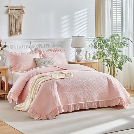 Flysheep Pink Ruffle Quilt Set Twin Size, 2 Pieces Shabby Chic Farmhouse Striped Bedspread Coverlet Set, Solid Lightweight Soft Microfiber Bed Cover for Kids (1 Ruffled Quilt + 1 Pillow Sham) Flysheep
