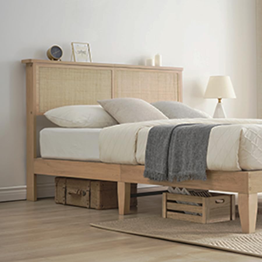 Cozy Rattan Full Bed Frame with Natural Headboard and LED Lights, Sturdy Wood Foundation - WoodArtSupply