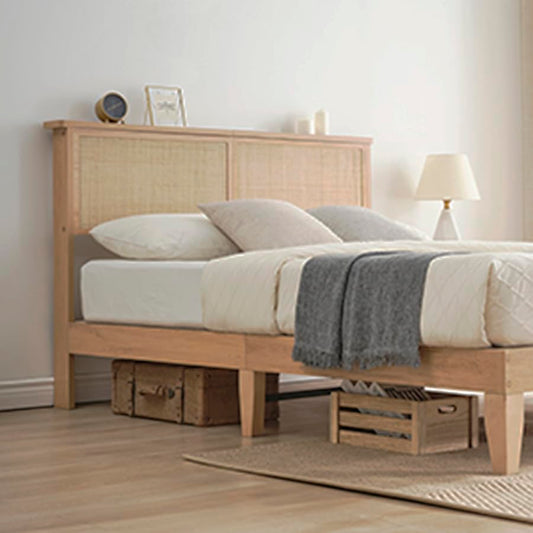 Cozy Rattan Full Bed Frame with Natural Headboard and LED Lights, Sturdy Wood Foundation - WoodArtSupply