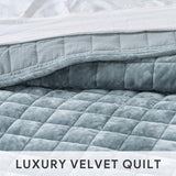 RECYCO Luxury Velvet Quilt Set, California King 118'' x 106'' Oversized Bedspread, Ultra Soft Velvet Comforter, Lightweight Box Stitch Bedding Sets for All Season, with 2 Shams, Blue Linen RECYCO
