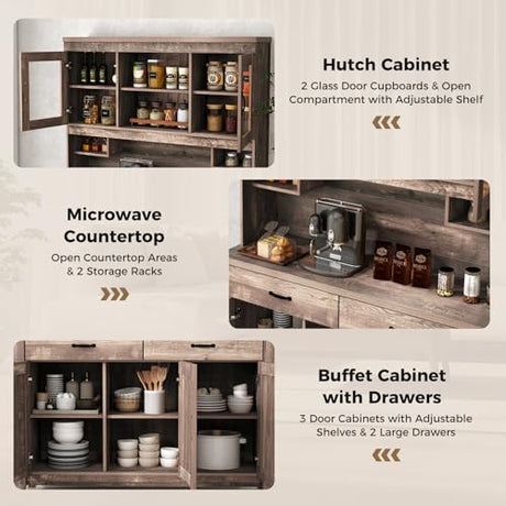SILKYDRY 78.5" Tall Kitchen Hutch Storage Cabinet, Large Buffet Cupboard with Glass Doors, Drawers, Adjustable Shelves, Wooden Kitchen Pantry Cabinet with Microwave Shelf for Home Coffee Bar SILKYDRY
