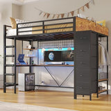 VIAGDO Loft Bed Twin Size with Hall Tree, Charging Station and LED Lights, Metal Loft Bed with L-Shaped Desk, 5 Storage Drawers, Heavy Duty Twin Size Bed with Stairs, No Box Spring Needed, Black VIAGDO