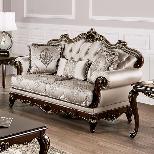 Furniture of America Adelaide Traditional Upholstered Sofa with Rolled Armrests and Button Tufted Back, Wooden Comfortable Couch for Living Room, Office, Bedroom, 2-Seater Loveseat, Dark Cherry/Beige Furniture of America