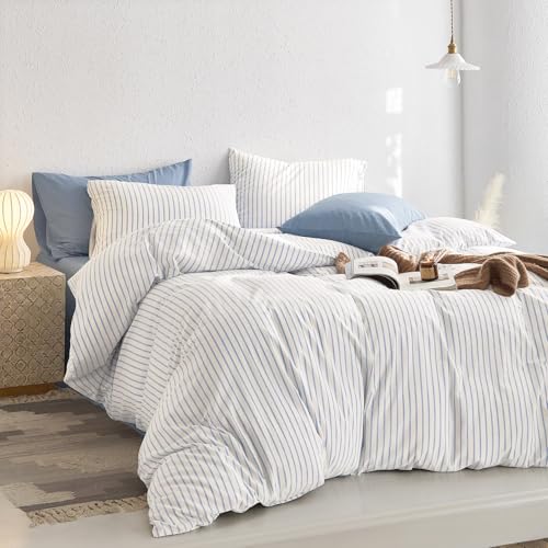 Wake In Cloud - Striped Cotton Duvet Cover Set, Ticking Stripe Vertical Pinstripe Farmhouse, 100% Washed Cotton Textured Percale Bedding Set, 3 Pieces, Blue White, Full Size Wake In Cloud