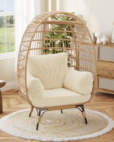 GarveeLife Oversize Wicker Egg Chair with Plush Cushion, Rattan Egg Basket Lounge Chair Winter Egg-Shaped Chair w/Steel Frame and 4 Cushions for Patio, Porch, Beige GarveeLife