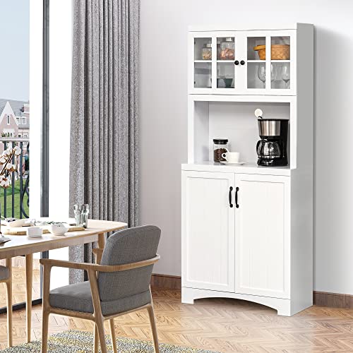 HOMCOM Kitchen Hutch, Pantry Cabinet with Glass Framed Door, Adjustable Shelves and Microwave Space for Dining Room, White - WoodArtSupply