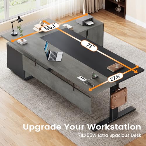 SEDETA Executive L Shaped Electric Standing Desk, 71" Height Adjustable Executive Desk with 3 Drawers and Cabinet, Sit Stand Up Home Office Desk with Power Outlets & Side Hook (Grey) SEDETA