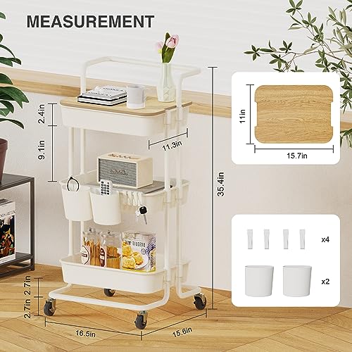 DTK 3 Tier Rolling Utility Cart with Cover Top - Versatile Kitchen and Home Storage Solution in White - WoodArtSupply