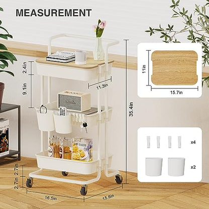 DTK 3 Tier Rolling Utility Cart with Cover Top - Versatile Kitchen and Home Storage Solution in White - WoodArtSupply