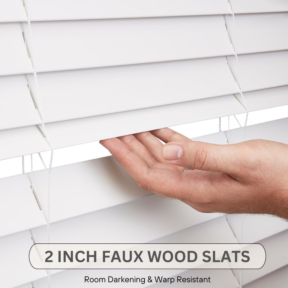 LOTUS & WINDOWARE Cordless Faux Wood Blinds, 27" Wide x 36" Long, Smooth, Snow White, 2 Inch Horizontal Blinds – for Living Room, Bedroom, Interior Door Windows LOTUS & WINDOWARE