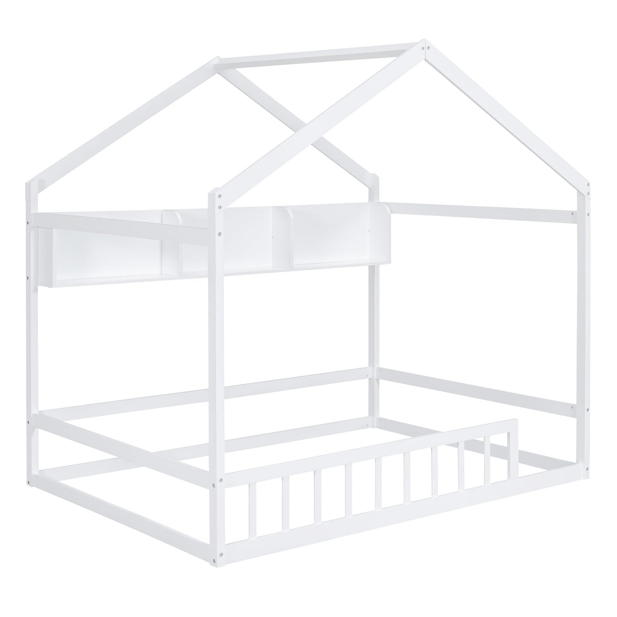 Bellemave Wooden Montessori Full Size House Bed with Fence Railings and Storage Shelf in White Bellemave