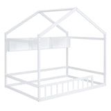 Bellemave Wooden Montessori Full Size House Bed with Fence Railings and Storage Shelf in White Bellemave