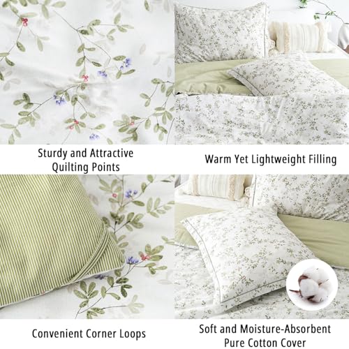 LEMIROE Botanical Cotton Comforter Queen Size - Tender Green Comforter Printed with Leafy Branches & Purple Stamens on Off-White,Reversible Lightweight Bedding Sets 3Pcs LEMIROE