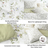 LEMIROE Botanical Cotton Comforter Queen Size - Tender Green Comforter Printed with Leafy Branches & Purple Stamens on Off-White,Reversible Lightweight Bedding Sets 3Pcs LEMIROE