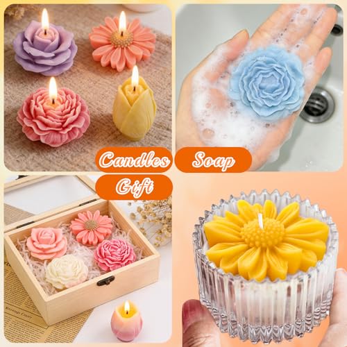 4 Pcs Flower Silicone Molds Set, 3D Floral Silicone Molds Daisy, Peony, Rose, Tulips, Easy Release, Ideal for DIY Candles, Soap, Epoxy Resin Casting Mom Gifts
