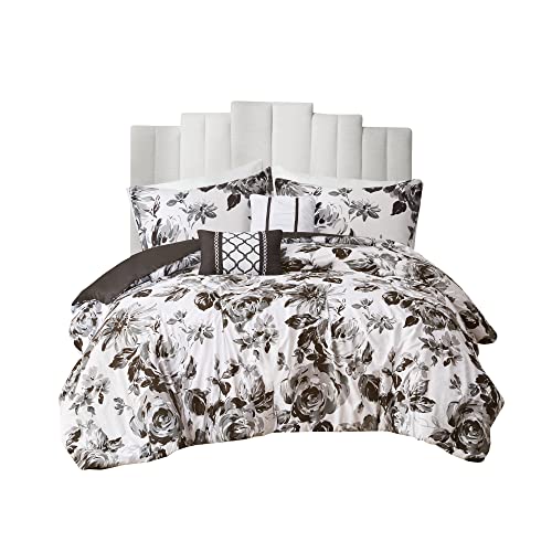 Intelligent Design Dorsey Comforter Reversible Flower Floral Botanical Printed Ultra-Soft Brushed All Season Bedding-Set, Full/Queen, Black/White 5 Piece Intelligent Design