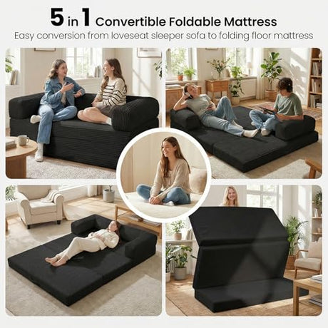Tri-Folding Mattress Futon Sofa Bed, Convertible Foldable Mattress with Removable Armrests & Washable Cover, 5'' Floor Mattress with High-Density Foam, Small Couch Bed, No-Assembly, Full, Black Erament