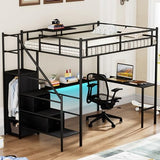 Bellemave Full Size Loft Bed with Desk, LED Lights and Charging Station, Full Loft Bed with Stairs, Wardrobe and 2 Storage Drawers, Heavy Duty Loft Beds Frame, Black Bellemave