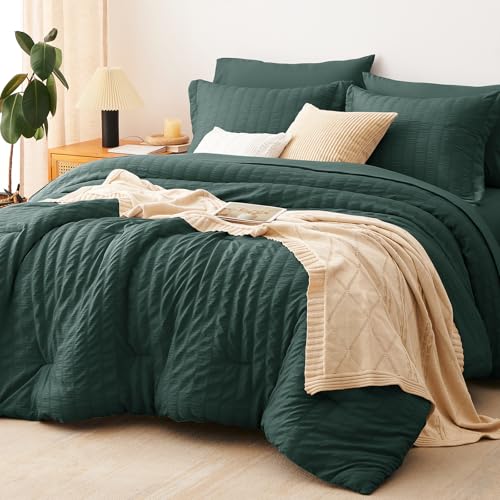 CozyLux Full Size Comforter Sets with Sheets Seersucker 7 Pieces Forest Green Bed in a Bag Textured Luxury Soft Bedding Set with Down Alternative Comforter, Sheets, Pillowcases & Shams for All Seasons CozyLux