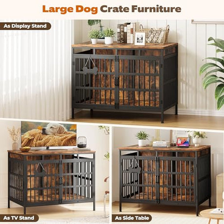 Linvivon 47 Inch Dog Crate Furniture, Heavy Duty Dogs Kennel for Small Medium Large Dogs, Double Doors Indoor Decor Pet House Cage, Anti Escape Wooden Dog Cage with Name Tag End Table, TV Stand, Brown Linvivon