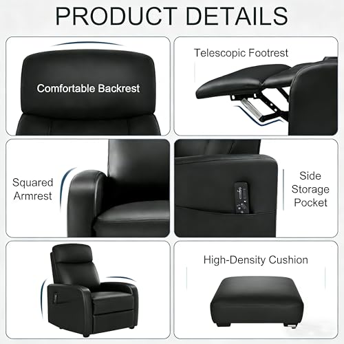 Simple Deluxe Massage Recliner Chair - Adjustable PU Leather Recliner, Luxe Reading Chair & Sofa Chair for Living Room Chairs or Bedroom Chair, Small Recliner for Home Theater, Black Simple Deluxe