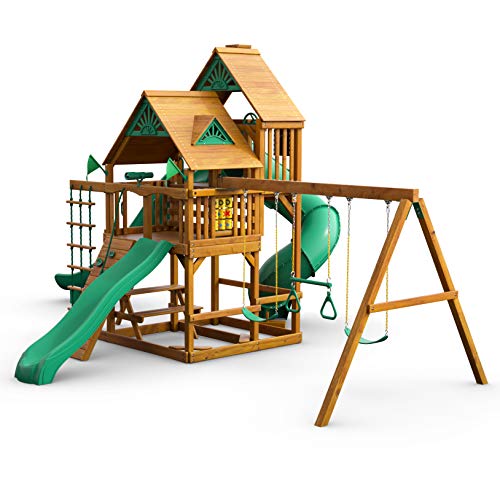 Gorilla Playsets 01-0031-AP Great Skye II Wood Swing Set with Wood Roof, 3 Slides, and Rock Wall, Brown - WoodArtSupply