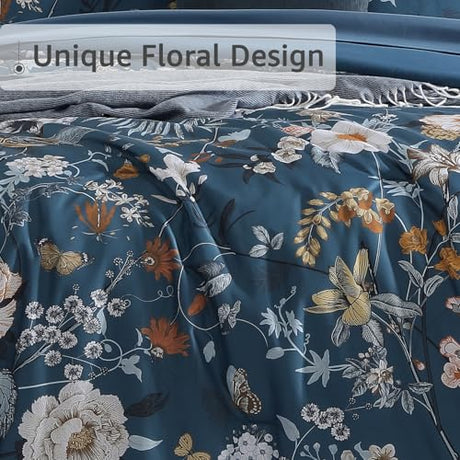 CASAAGUSTO King Size Comforter Set - 7 Pieces Blue Floral Bedding Sets, King Bed in a Bag with Botanical Butterfly Comforter, Sheets, Pillowcases & Shams for All Seasons CASAAGUSTO