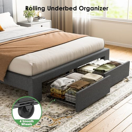 Marsail Full Bed Frame with 2 Storage Drawers, Sturdy & Durable with 12 Support Legs, 1300 lbs Capacity, Solid Wooden Upholstered Adjustable Headboard for 6″–12″ Mattresses, Easy Assembly, Dark Gray Marsail