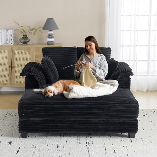 VINGLI 56" Oversized Chaise Lounge Chair, Black Comfy Corduroy Chaise Sofa Recliner Bed Upholstered Sleeper Couch Bed with Throw Pillows and Armrests for Living Room, Movie Room, Bedroom