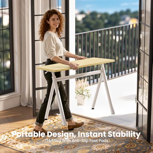 WALKINGDESK Standing Desk, 4-Leg Pneumatic Adjustable Desk for Walking Pad Treadmill - Stable No Wobble Fixed Frame, 40” Computer Desk with Fabric Drawer for Home Office, Gaming Desk, Oak WALKINGDESK