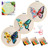 Santune 3 Pack Embroidery Kit for Beginners Adults Cross Stitch Kits with Butterfly Patterns and Instructions,DIY Hand Crafts with 1 Hoop,Threads and 6 Needles