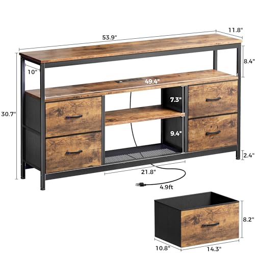 Huuger TV Stand Dresser with Power Outlets and LED Lights, 4 Drawers Entertainment Center with Shelves, 54 Inch Media Console for 55 60 Inch TV, 4 AC Outlets, 2 USBs, Rustic Brown - WoodArtSupply