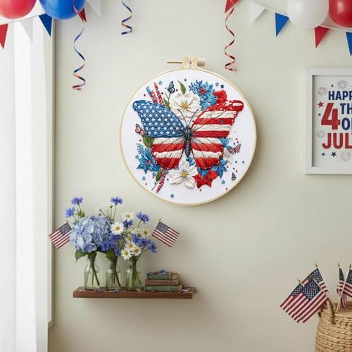 ARTopet Embroidery Kit for Beginners Cross Stitch Kits Independence Day Needlepoint Set for Craft Lover Hand Stitch with Threads 7.87in Hoop Fabric-Butterfly