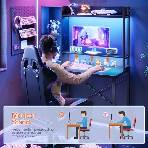HOOBRO Computer Desk, Gaming Desk with LED and Outlets, Home Office Desk with Monitor Stand and Adjustable Shelf, Small Gaming Table with CPU Stand for Home Office, Small Space, Black BB100UDDN01 HOOBRO