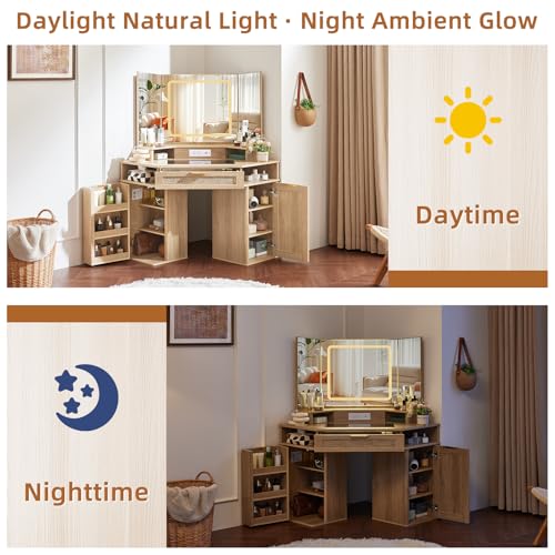 Lerliuo Corner Vanity Desk with 3 Way Mirror and Lights, 46'' Rattan Makeup Vanity with Glass Top Drawer, Natural Wood Make Up Storage Cabinets with Charger for Bedroom Lerliuo