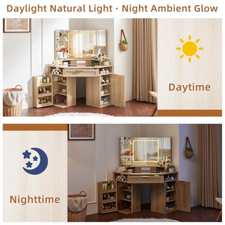 Lerliuo Corner Vanity Desk with 3 Way Mirror and Lights, 46'' Rattan Makeup Vanity with Glass Top Drawer, Natural Wood Make Up Storage Cabinets with Charger for Bedroom Lerliuo