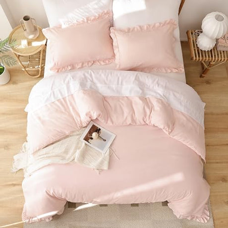 JANZAA Full Size Comforter Pink Comforter Set 3PCS 1 Ruffled Comforter Set and 2 Pillow Cases Blush Pink Bed Set Vintage Farmhouse Shabby Chic Bedding Soft All Season JANZAA