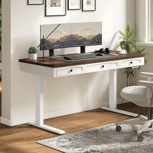 ONBRILL Standing Desk with 3 Drawers, 55 x 24 Inch Electric Height Adjustable Desk with Storage & Outlets, for Computer Workstation, Home Office, Retro Curved Table Corner & Drawers, Walnut ONBRILL